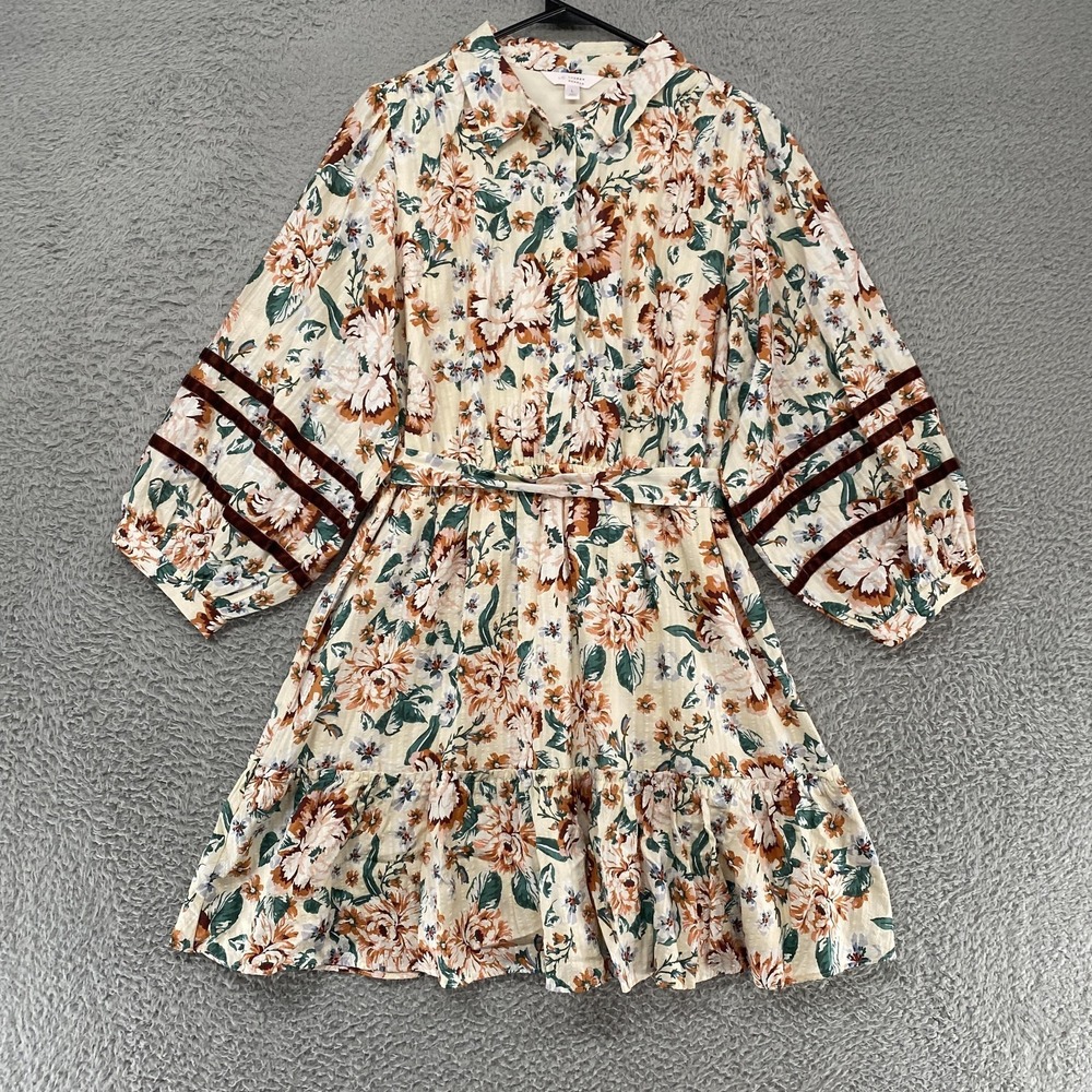 LC Lauren Conrad Shirt Dress Womens L Floral Ruffle Hem Boho‎ Wedding Guest